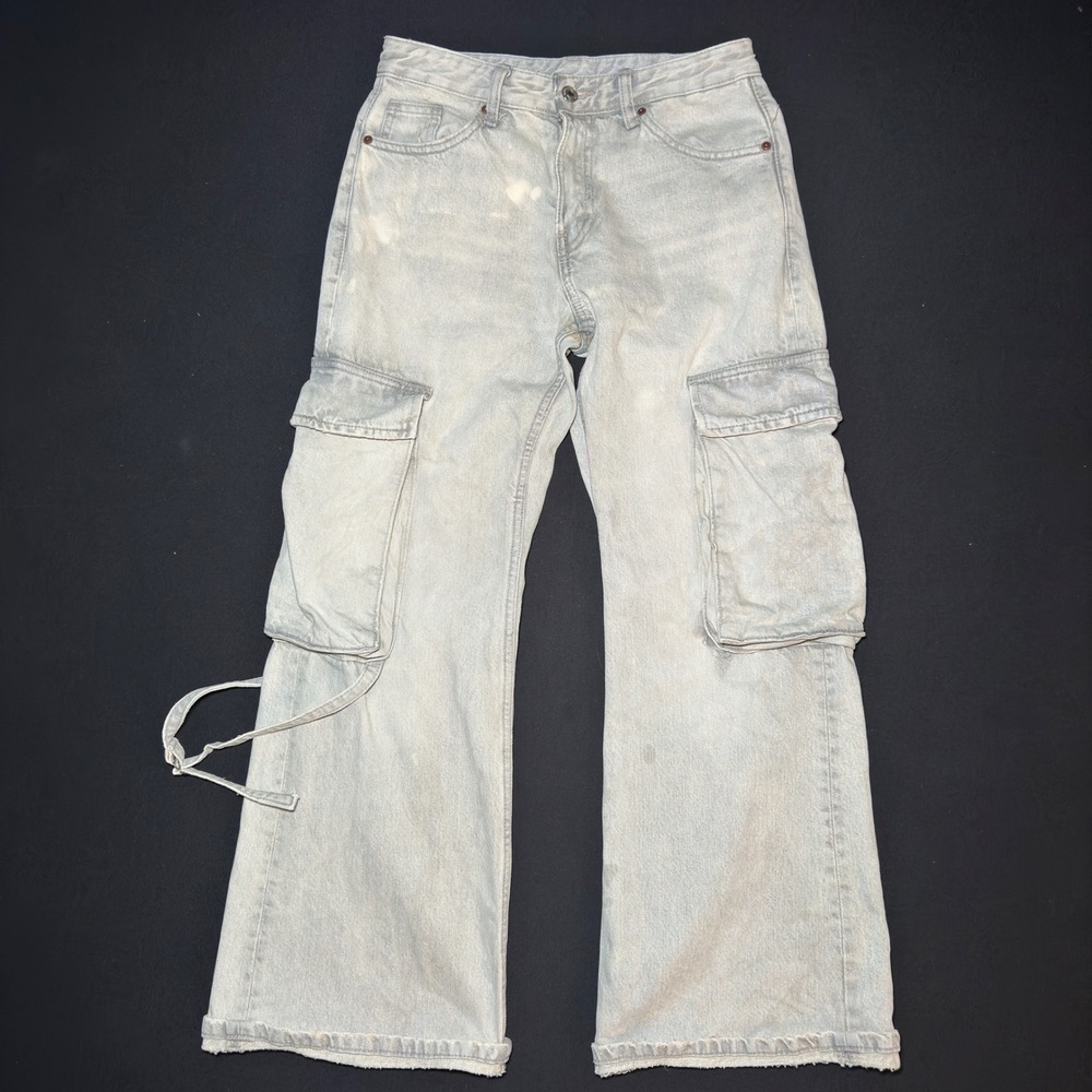 Zara Cargo Jeans Womens 2 Light Wash Wide Leg Utility Y2K Denim Workwear Baggy‎